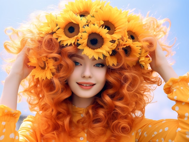 Front view woman posing with sunflower