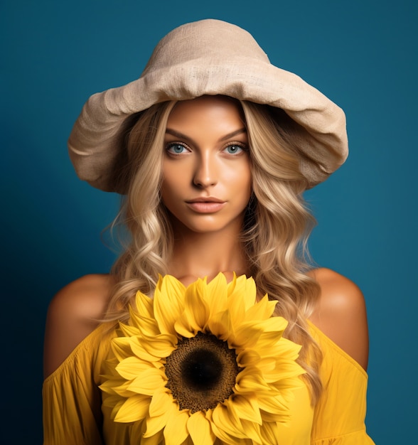 Free photo front view woman posing with sunflower