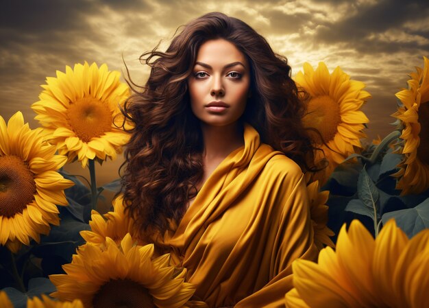 Front view woman posing with sunflower