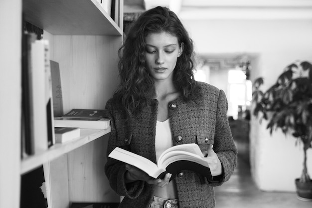 Foto gratuita donna di vista frontale che legge in bianco e nero
