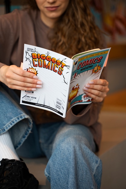 Front view woman reading comics