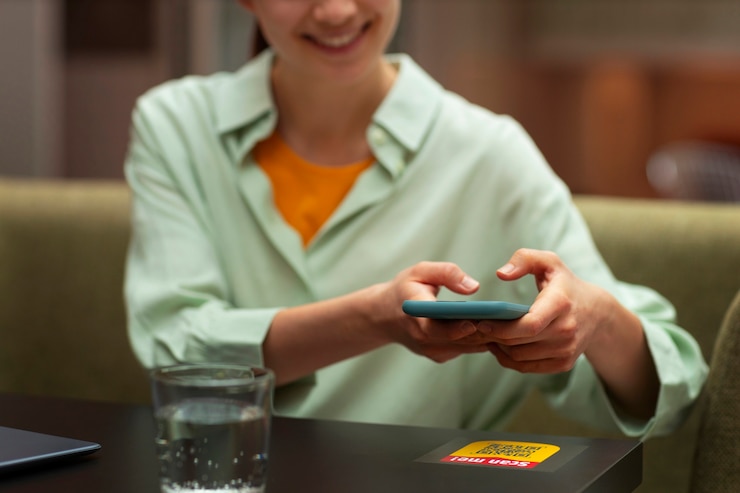 Free Photo front view woman reading menu in restaurant