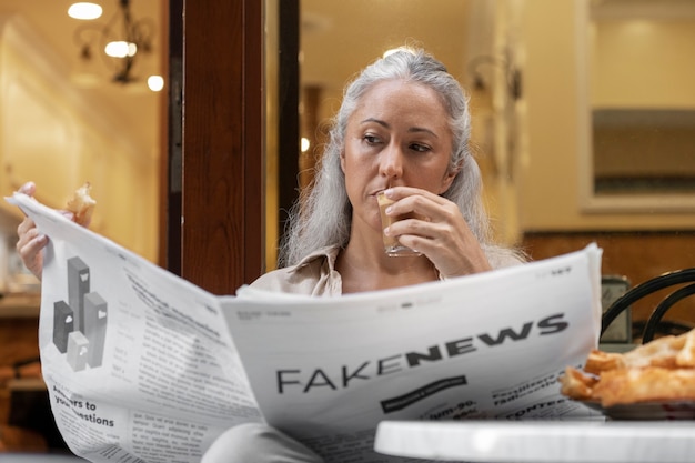 Free photo front view woman reading the newspaper