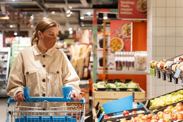 Front view woman shopping with face mask