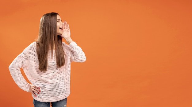 Front view of woman shouting something