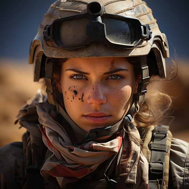 Front view woman soldier with equipment