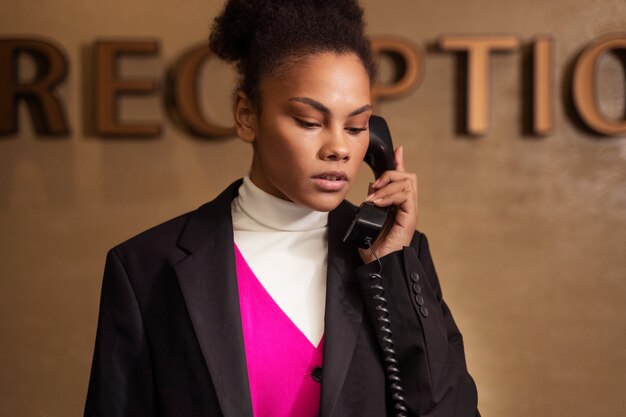 Front view woman talking on phone