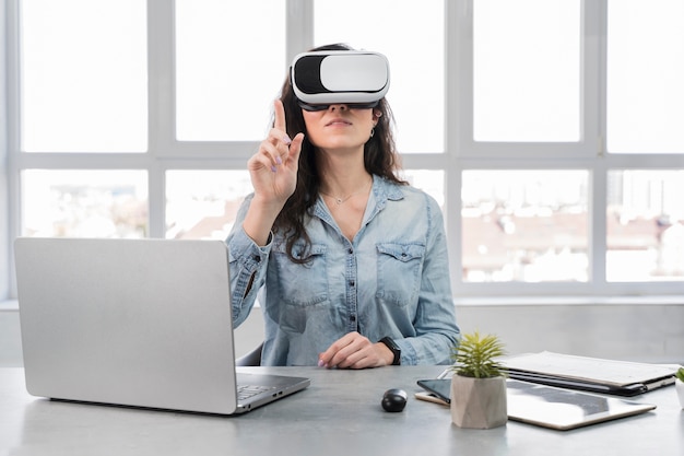 Front view woman trying a vr set