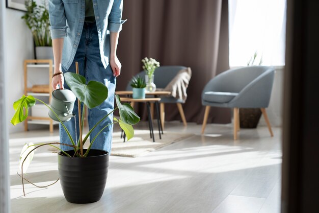 Front view woman watering plant