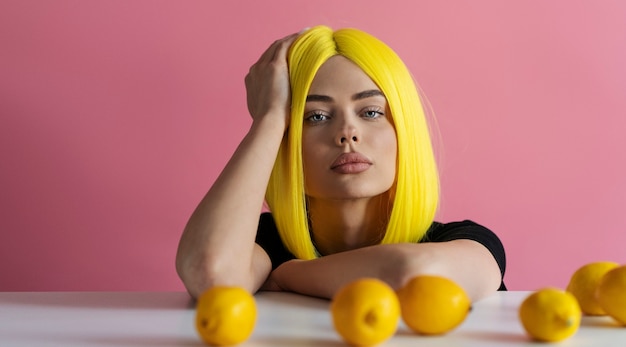 Free photo front view woman wearing blonde wig