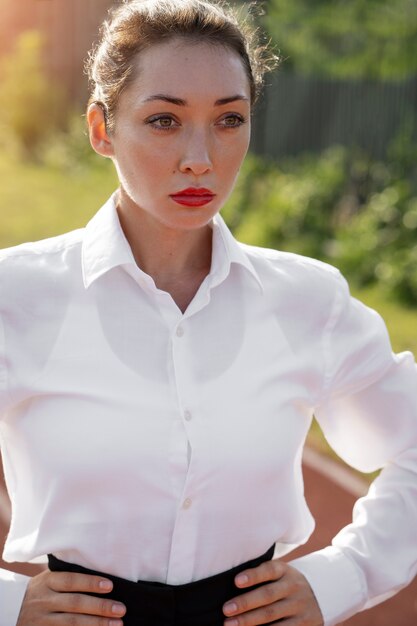 Front view woman wearing elegant clothes