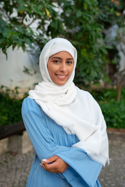 Front view woman wearing halal outdoors