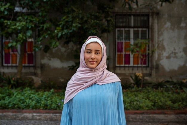 Front view woman wearing halal outdoors