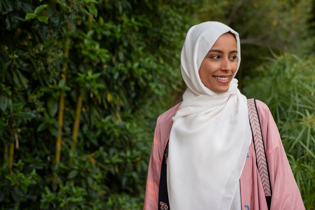 Front view woman wearing halal outdoors