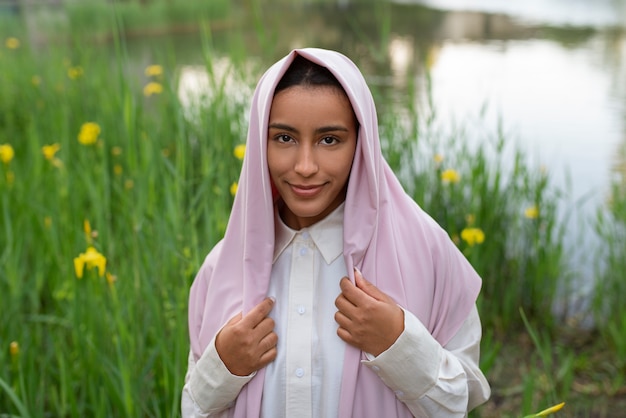 Front view woman wearing halal outdoors