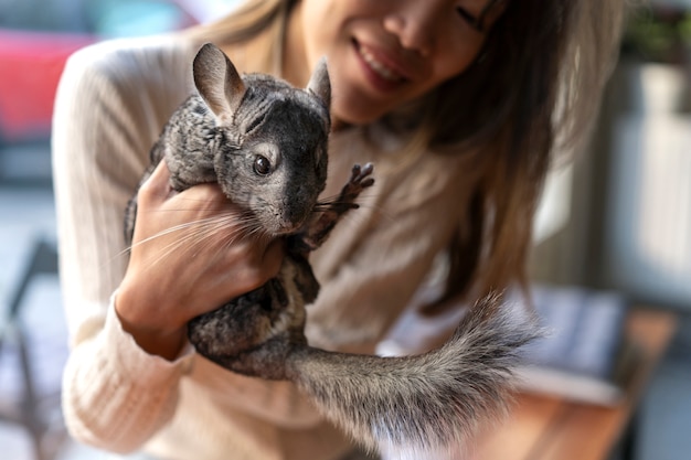 Free photo front view woman with cute chinchilla