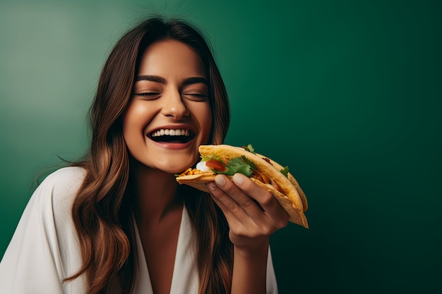 Free photo front view woman with delicious taco