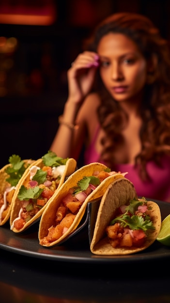 Foto gratuita donna di vista frontale con deliziosi tacos