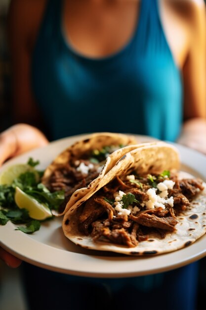 Free photo front view woman with delicious tacos