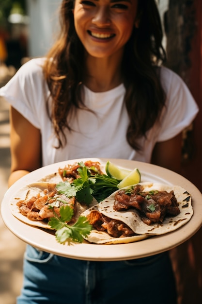 Front view woman with delicious tacos