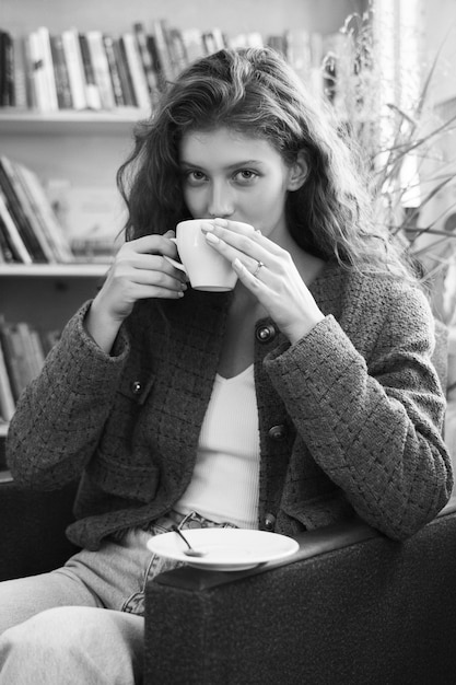 Free photo front view woman with drink black and white