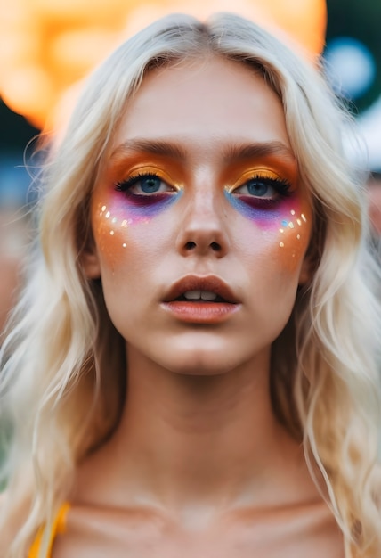 Front view woman with festival look and makeup