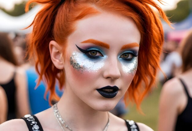 Front view woman with festival look and makeup