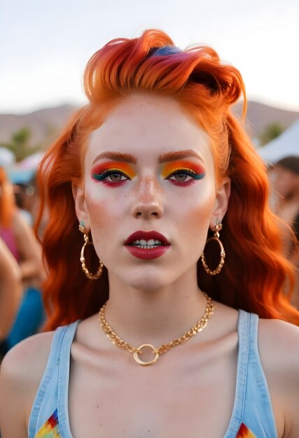 Front view woman with festival look and makeup