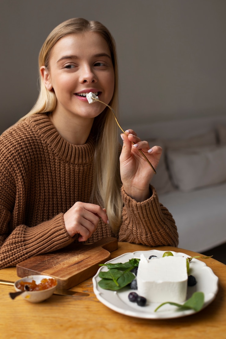 無料Photo フレッシュチーズの正面図の女性