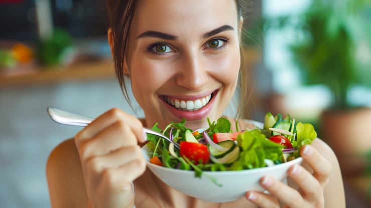 Free Photo front view woman with healthy food