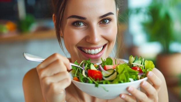 Front view woman with healthy food