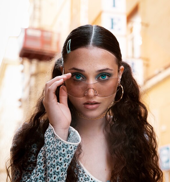 Front view woman with iris of fantasy colors