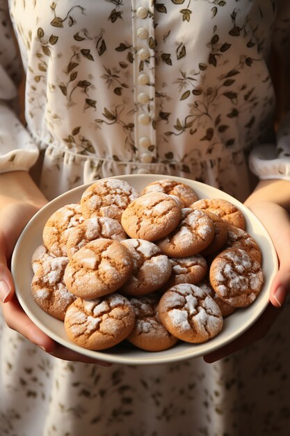 Front view woman with plate of cookies