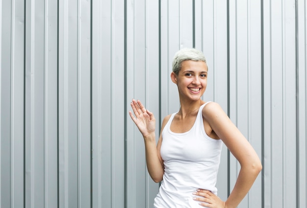 Front view of woman with short hair