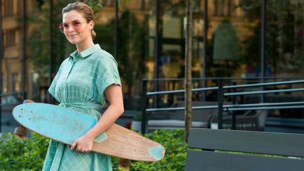 Front view of woman with skateboard