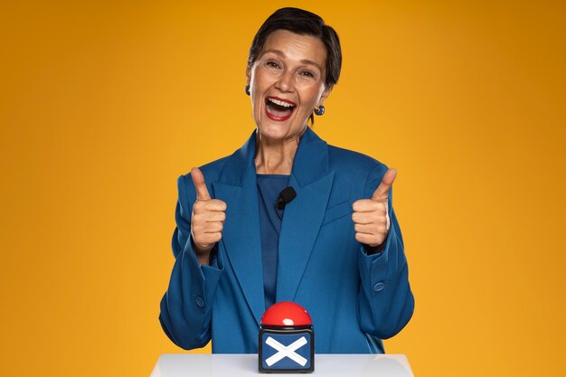 Front view woman with thumbs up