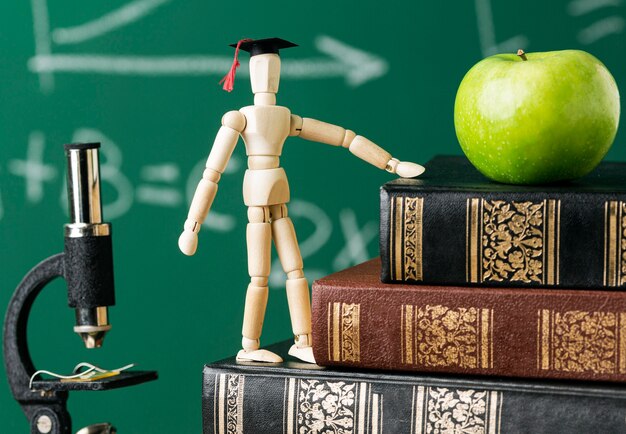 Front view of wooden figurine with academic cap and apple