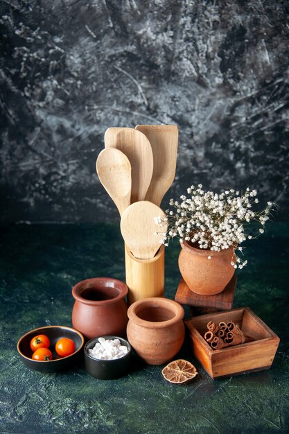 Front view wooden spoons with pots and cinnamon on dark wall color seasoning salt food cutlery photo