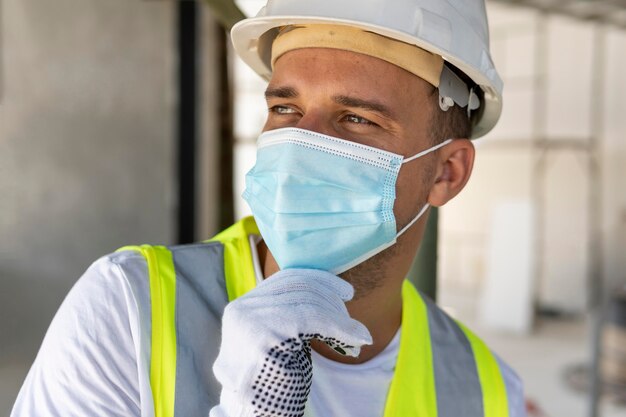 Front view worker in construction wearing protection gear