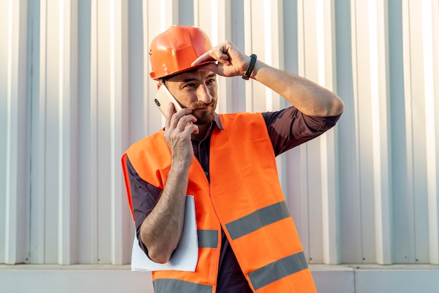 Front view of worker talking on phone