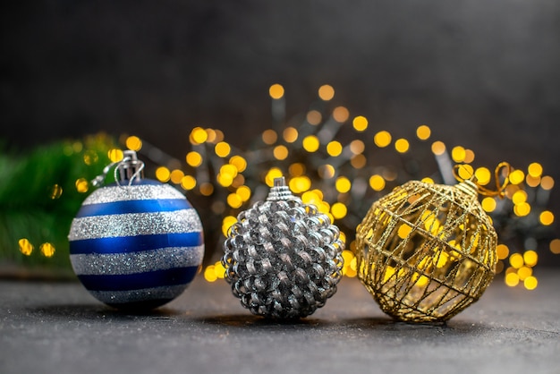 Front view xmas tree ornaments xmas tree lights on background xmas