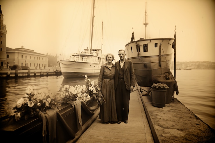 Free Photo front view young couple posing vintage portrait