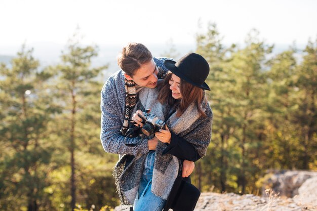 Front view young couple together outdoors