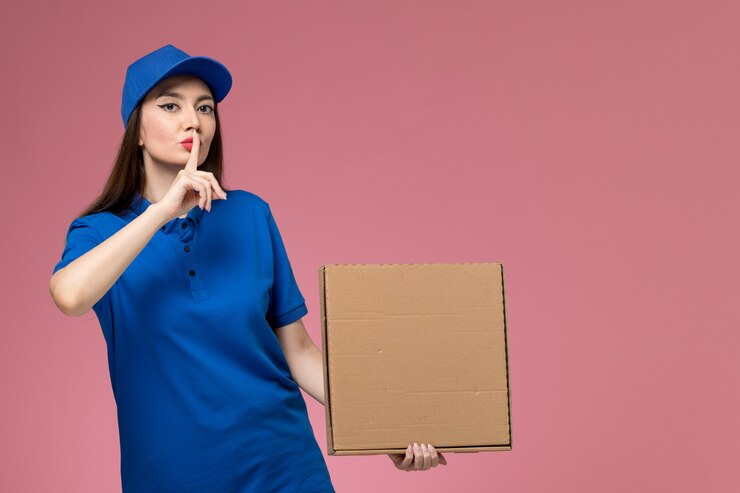 無料Photo 青い制服とピンクの机の上の食品配達ボックスを保持している岬の正面図若い女性の宅配便