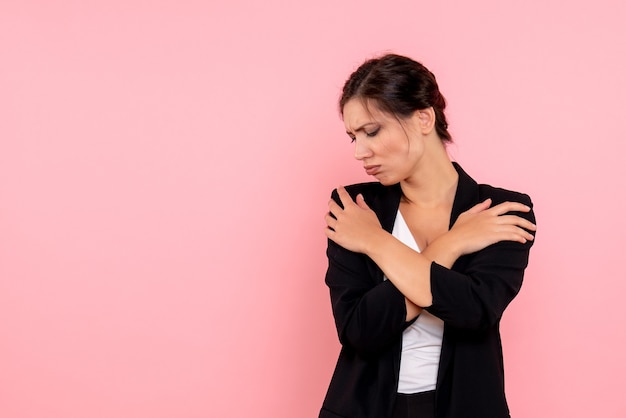 front view young female in dark jacket on pink background