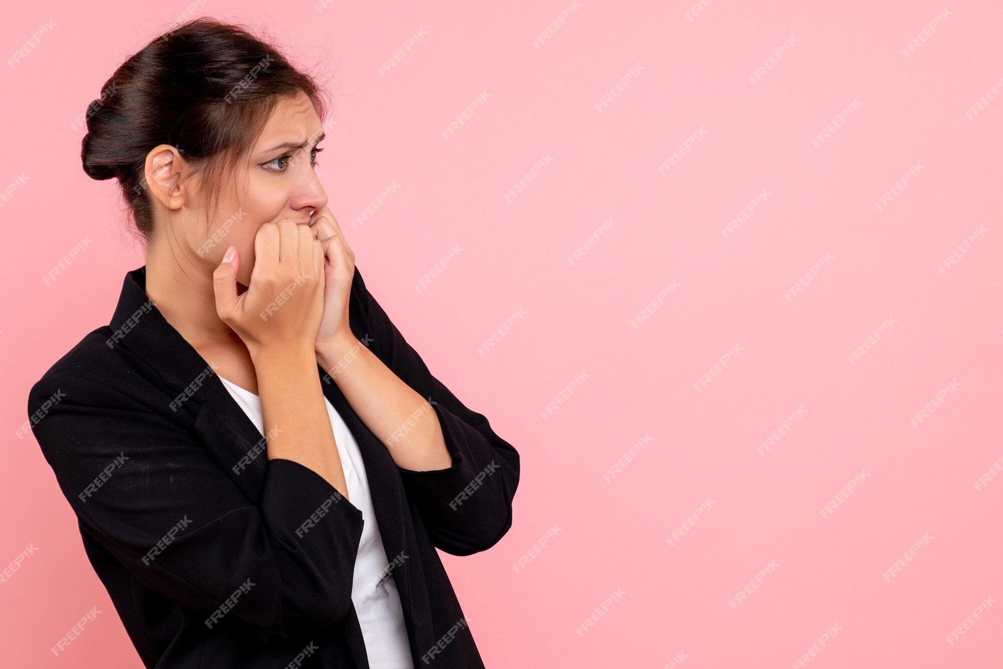 Woman Gets Scared By The Dark In Front Of Her Face Background