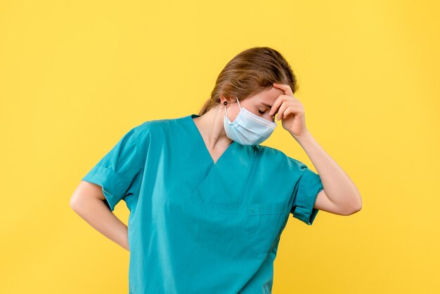 Front view of young female doctor in mask stressed