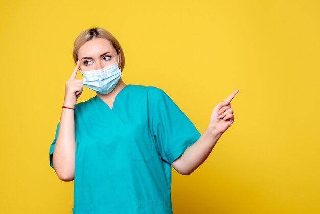 Front view of young female doctor in medical shirt and mask on yellow wall