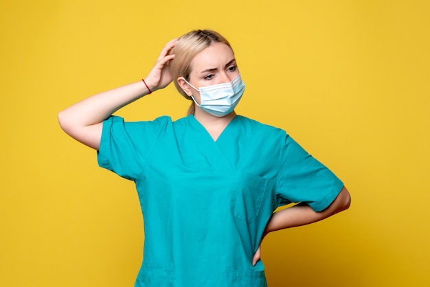 Front view of young female doctor in medical shirt and mask on yellow wall