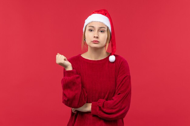 Front view young female just standing, red holiday christmas